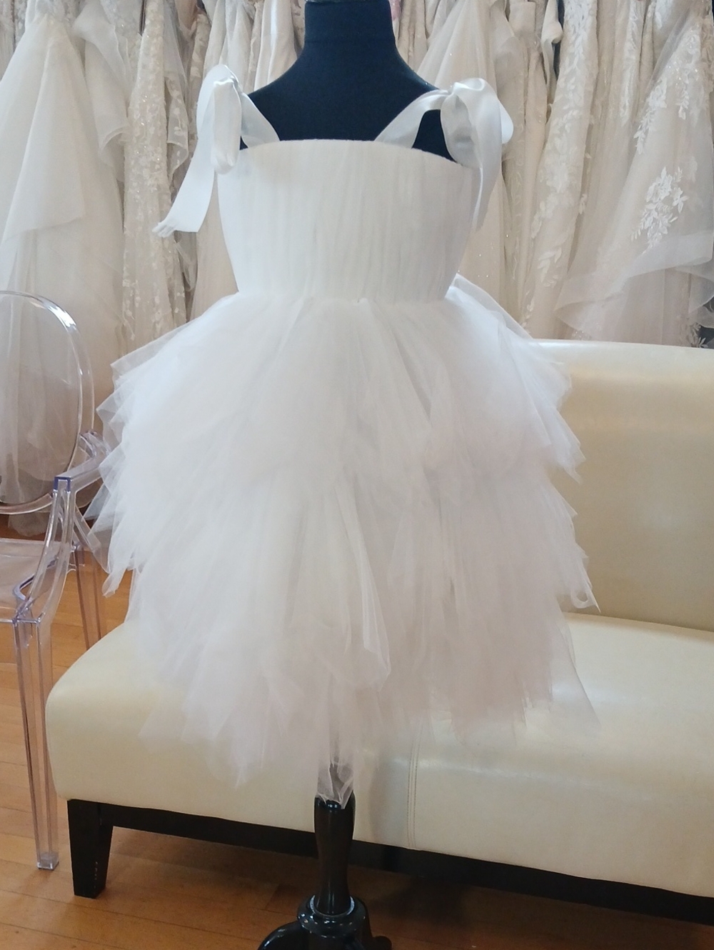Ivory Tulle Layered Flower Girl Dress with Ribbon Straps